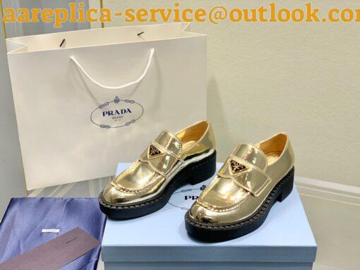 Replica Prada Women’s Loafers In Gold Metallic Leather 5