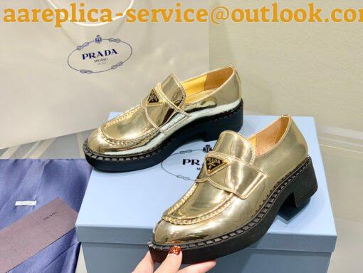 Replica Prada Women’s Loafers In Gold Metallic Leather 8