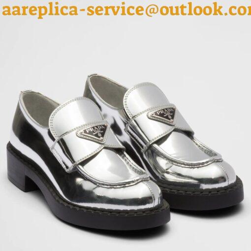 Replica Prada Women’s Loafers In Silver Metallic Leather