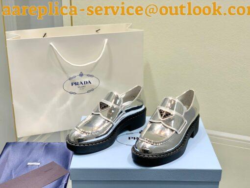 Replica Prada Women’s Loafers In Silver Metallic Leather 3