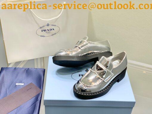 Replica Prada Women’s Loafers In Silver Metallic Leather 4