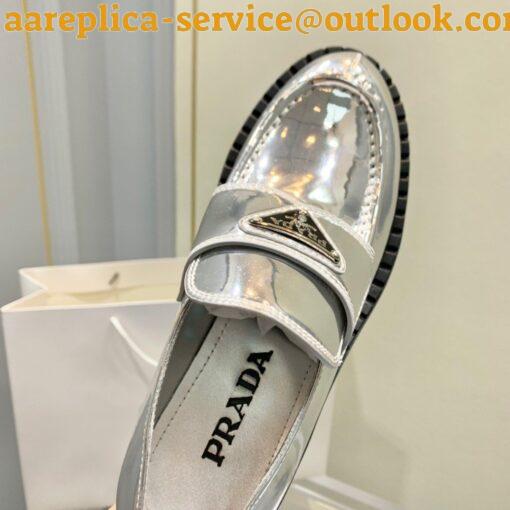 Replica Prada Women’s Loafers In Silver Metallic Leather 7