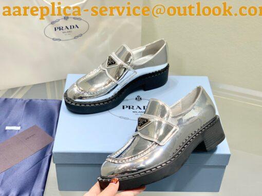 Replica Prada Women’s Loafers In Silver Metallic Leather 10