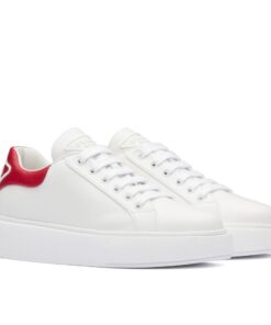 Replica Prada Women’s Macro Sneakers In White and Red Leather