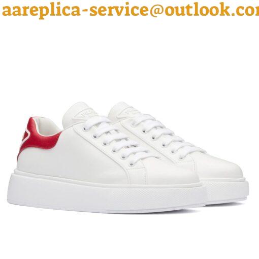 Replica Prada Women’s Macro Sneakers In White and Red Leather