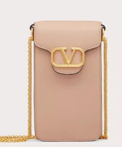 Replica Valentino Loco Phone Case in Beige Leather with Chain