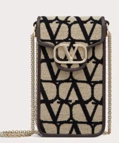 Replica Valentino Loco Phone Case in Black Toile Iconographe with Chain