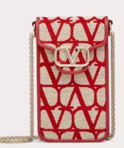 Replica Valentino Loco Phone Case in Red Toile Iconographe with Chain