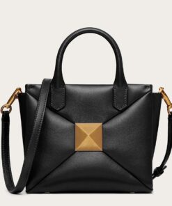 Replica Valentino One Stud Top Handle Bag In Black Nappa Leather