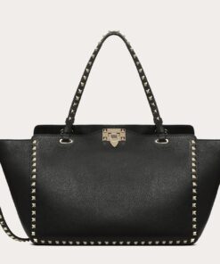 Replica Valentino Rockstud Medium Tote In Black Grained Leather 2