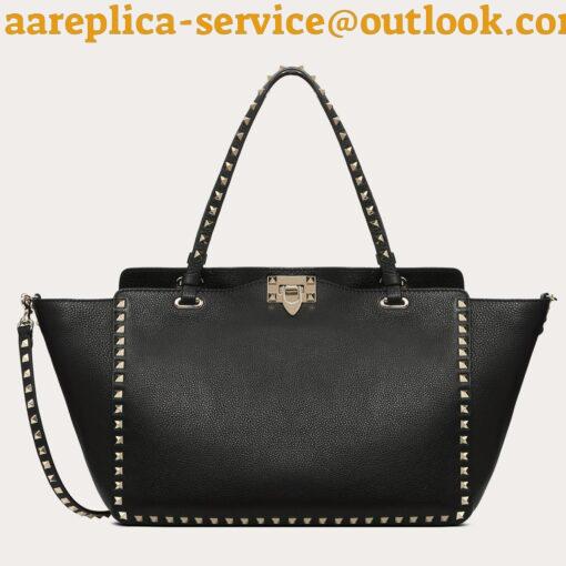 Replica Valentino Rockstud Medium Tote In Black Grained Leather