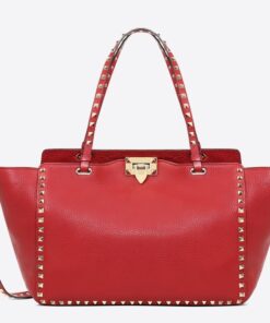 Replica Valentino Rockstud Medium Tote In Red Grained Leather 2