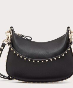 Replica Valentino Rockstud Small Hobo Bag in Black Grainy Calfskin