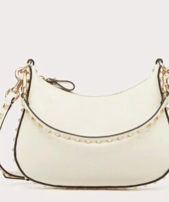 Replica Valentino Rockstud Small Hobo Bag in White Grainy Calfskin