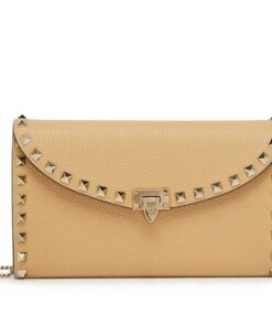 Replica Valentino Rockstud Wallet with Chain in Beige Grained Leather