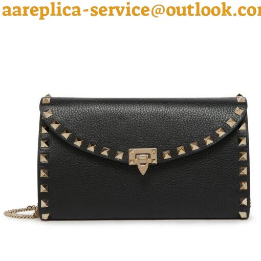 Replica Valentino Rockstud Wallet with Chain in Black Grained Leather