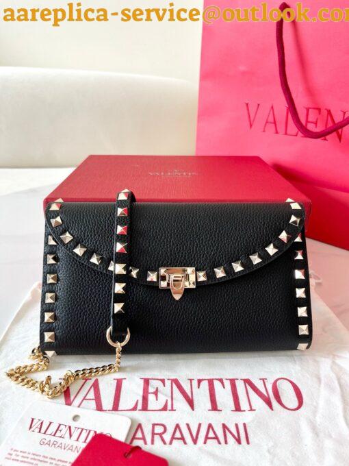 Replica Valentino Rockstud Wallet with Chain in Black Grained Leather 8