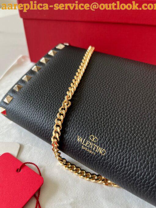 Replica Valentino Rockstud Wallet with Chain in Black Grained Leather 11