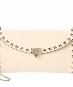 Replica Valentino Rockstud Wallet with Chain in White Grained Leather