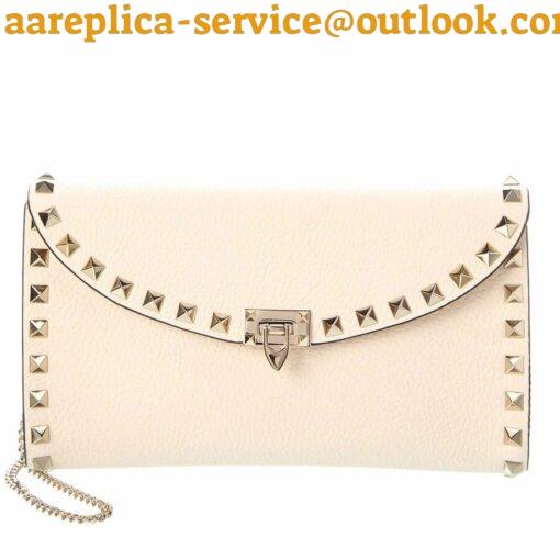 Replica Valentino Rockstud Wallet with Chain in White Grained Leather