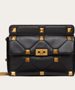 Replica Valentino Roman Stud Large Chain Bag In Black Nappa Leather