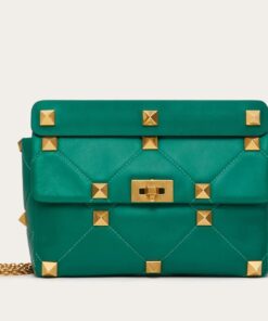 Replica Valentino Roman Stud Large Chain Bag In Green Nappa Leather