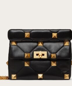 Replica Valentino Roman Stud Medium Chain Bag In Black Nappa Leather