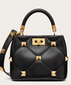 Replica Valentino Roman Stud Mini Handle Bag In Black Nappa Leather