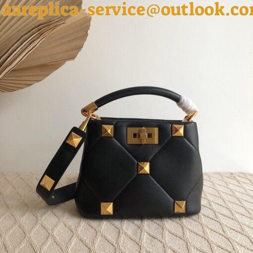 Replica Valentino Roman Stud Mini Handle Bag In Black Nappa Leather 3