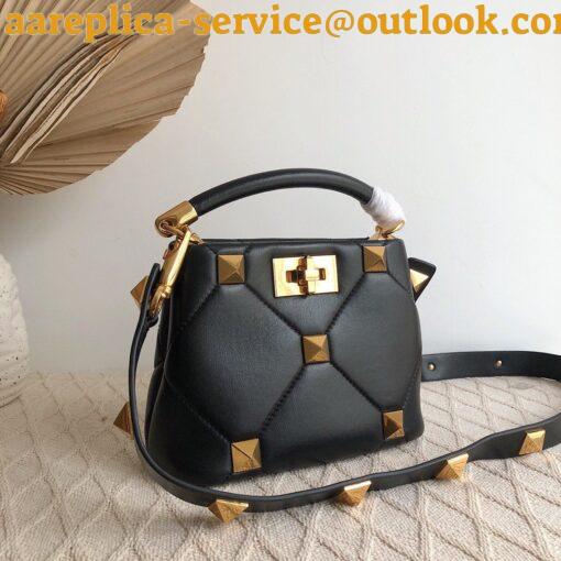 Replica Valentino Roman Stud Mini Handle Bag In Black Nappa Leather 5