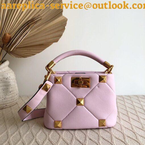 Replica Valentino Roman Stud Mini Handle Bag In Pink Nappa Leather 5