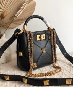 Replica Valentino Roman Stud Small Handle Bag In Black Nappa Leather