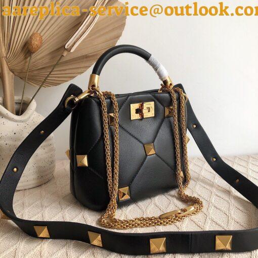 Replica Valentino Roman Stud Small Handle Bag In Black Nappa Leather