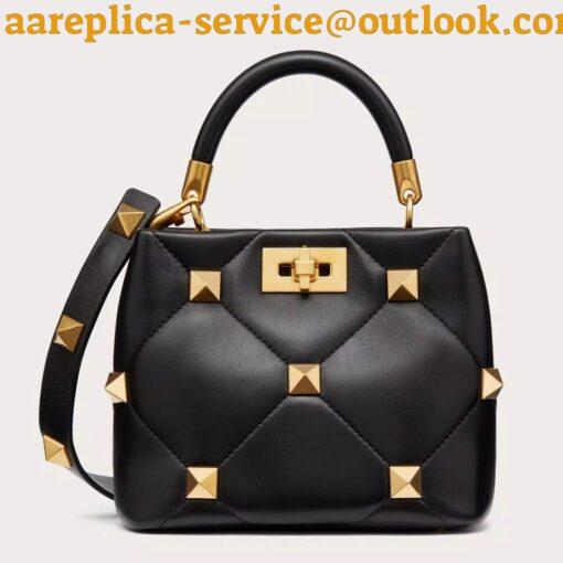 Replica Valentino Roman Stud Small Handle Bag In Black Nappa Leather 4