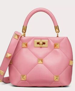 Replica Valentino Roman Stud Small Handle Bag In Pink Nappa Leather