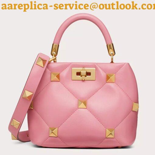 Replica Valentino Roman Stud Small Handle Bag In Pink Nappa Leather