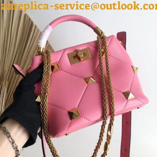 Replica Valentino Roman Stud Small Handle Bag In Pink Nappa Leather 3