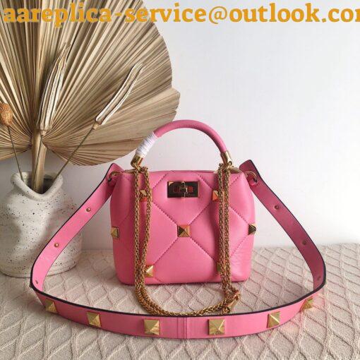 Replica Valentino Roman Stud Small Handle Bag In Pink Nappa Leather 9