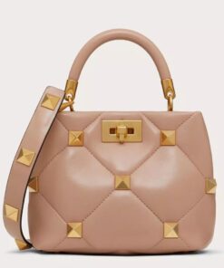 Replica Valentino Roman Stud Small Handle Bag In Rose Cannelle Nappa Leather