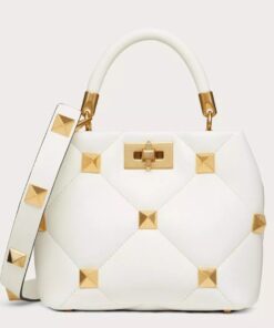 Replica Valentino Roman Stud Small Handle Bag In White Nappa Leather