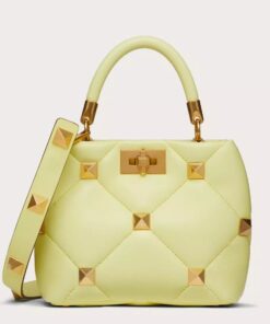 Replica Valentino Roman Stud Small Handle Bag In Yellow Nappa Leather 2