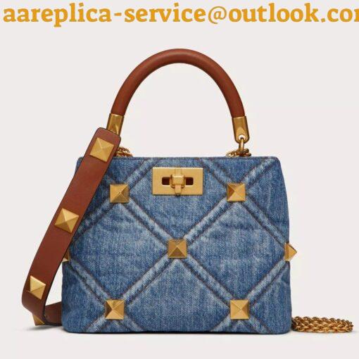 Replica Valentino Roman Stud Small Top Handle Bag In Denim 6