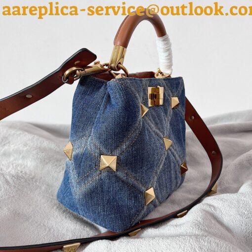 Replica Valentino Roman Stud Small Top Handle Bag In Denim 7