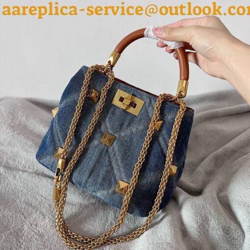 Replica Valentino Roman Stud Small Top Handle Bag In Denim 8