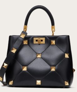 Replica Valentino Roman Stud Top Handle Bag In Black Nappa Leather