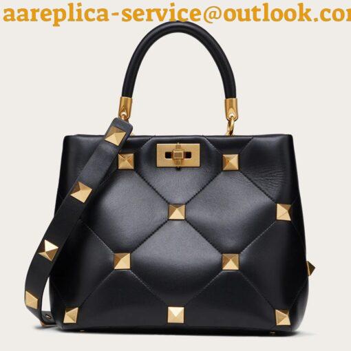 Replica Valentino Roman Stud Top Handle Bag In Black Nappa Leather