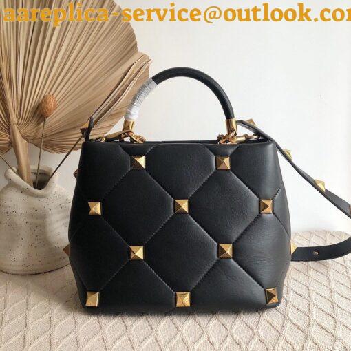 Replica Valentino Roman Stud Top Handle Bag In Black Nappa Leather 4