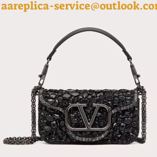 Replica Valentino Small Loco Shoulder Black Bag with Crystals Logo 11