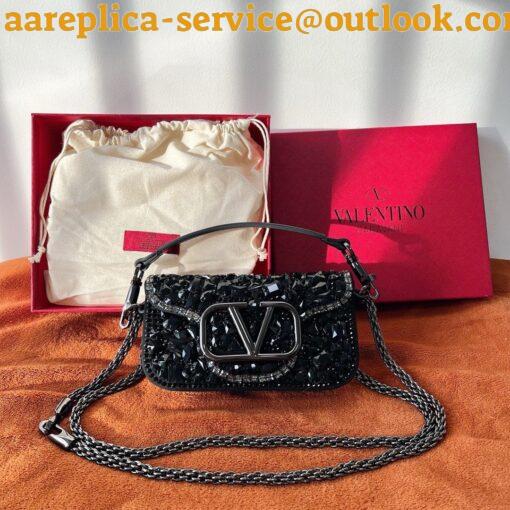 Replica Valentino Small Loco Shoulder Black Bag with Crystals Logo 20