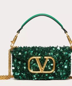 Replica Valentino Small Loco Shoulder Bag with Green 3D-effect Embroidery